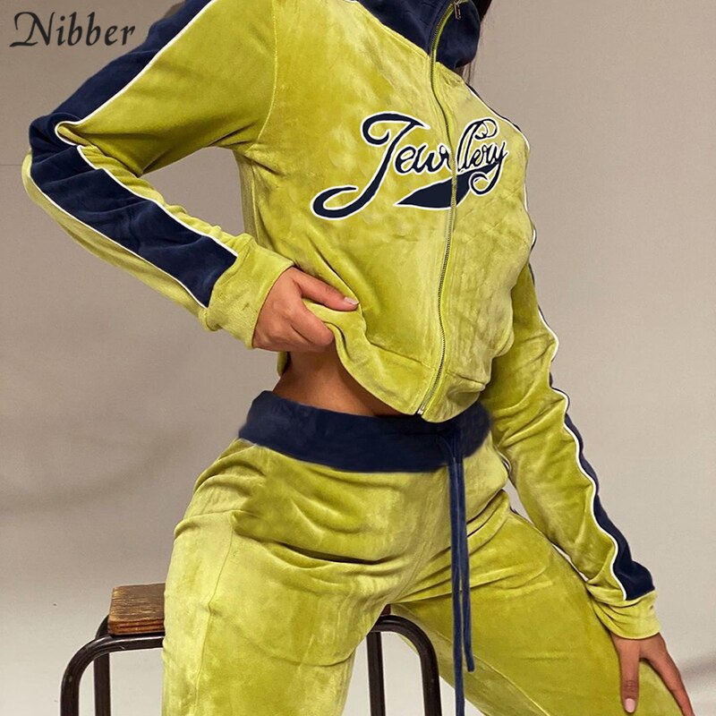 Nibber-chándal de terciopelo con cremallera para mujer, chaqueta + Pantalones, 2 conjuntos de dos piezas, para Fitness, ropa informal de calle: green / L