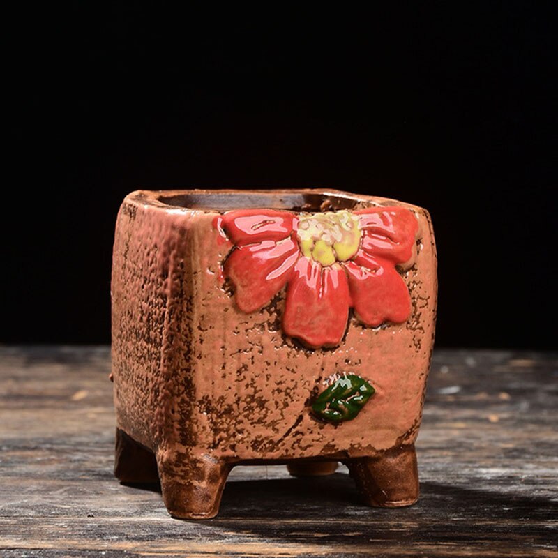 Ceramic Flowerpot Coarse Poterry Floral Pattern Fleshy Plant Pot Breathable Vase Office Desktop Ornaments Garden Decor: 5.5x5.5x6cm