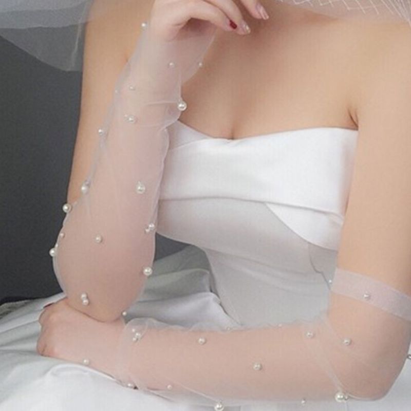 Simple Wedding Dress Gloves Bride Long Glove Photography Props Thin Section Mesh Artificial Pearl Mittens
