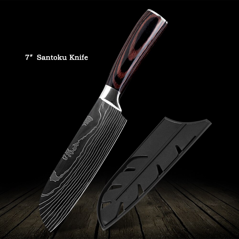 QING Kitchen Knife Set Non-stick Chef Knives Set High Carbon Stainless Steel Cooking Paring Cutting Slicing Cleaver: 7 inch santoku