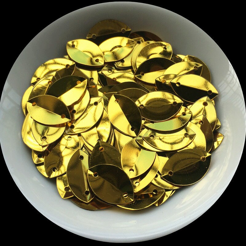 150 ks 2 ks 9*15mm šálky oválne skladané flitre v tvare konských očí flitrové paillettes pre remeslá, dámske doplnky na šitie pre domácich majstrov s 2 otvormi: Tmavo zlatá