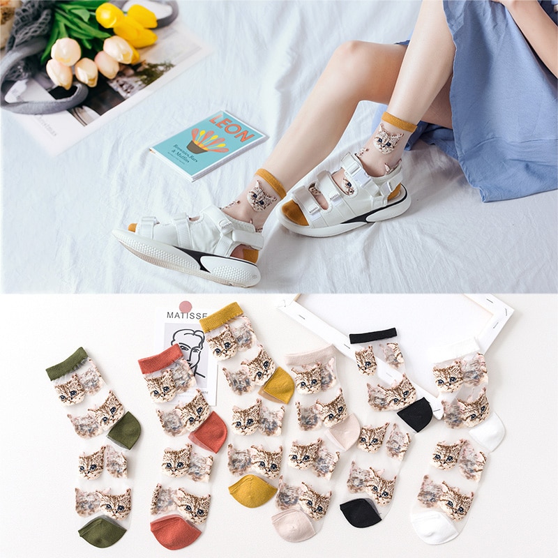 3 par kvinnor och #39 sommar genomskinliga nätstrumpor tecknad söt kattstrumpa bomull glasfilament tunna damstrumpor som andas