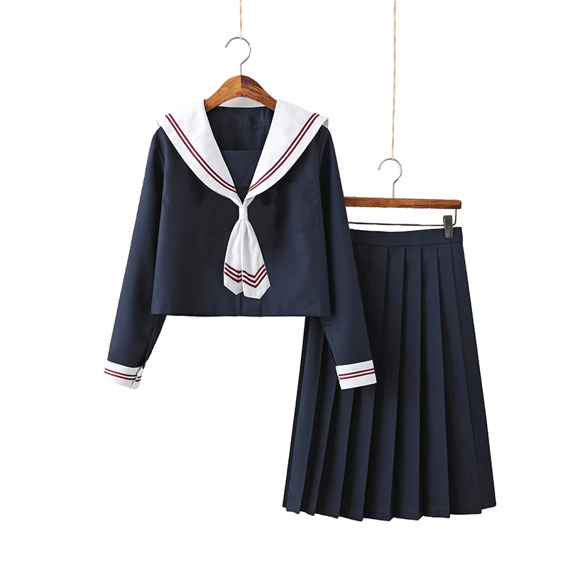 Three Red Lines White Collar Summer Navy Sailor Suit Tops Skirts Women JK High School Uniform Class Students Cloth: 4 / M