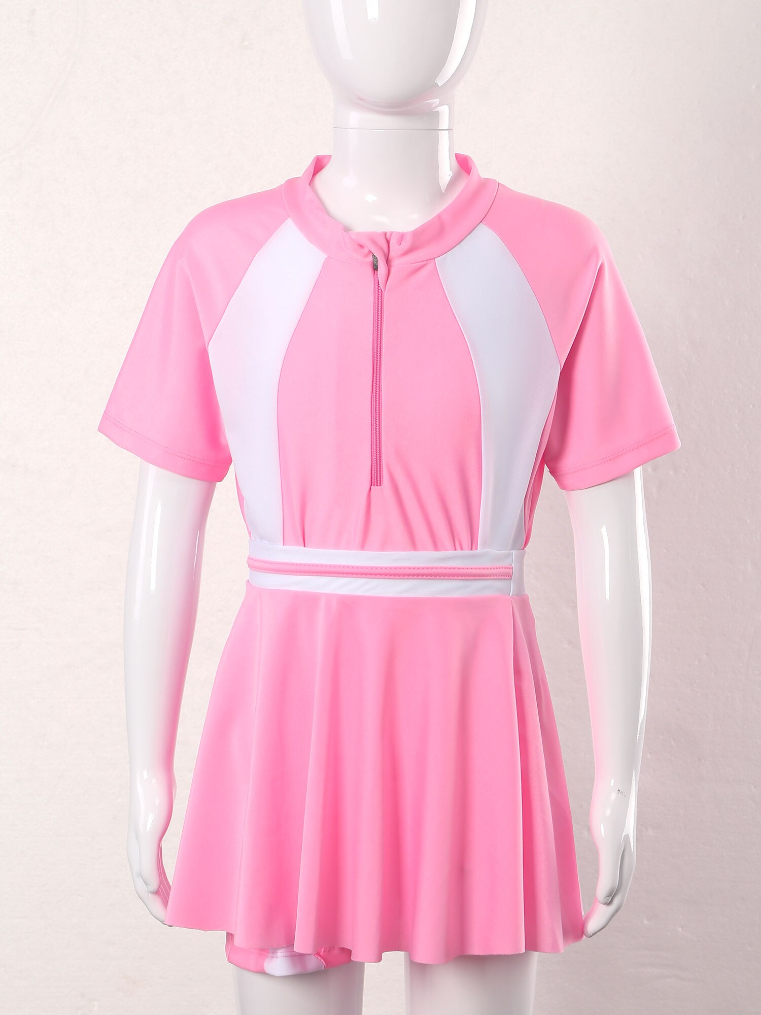 Kids Swimsuit for Girls Beachwear Bathing Suit Children Swimwear Short Sleeve Leotard Bodysuit with Skirt Schoolgirl Uniform