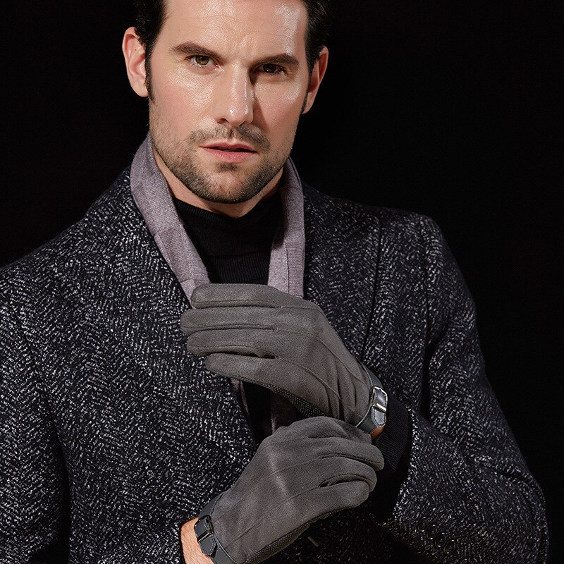 Guantes para conducir de gamuza para hombre, invierno, mantener el calor, además de terciopelo, pantalla gruesa, guantes de invierno a prueba de viento, cuenco de punto, boca, dedo completo: DY08 gray
