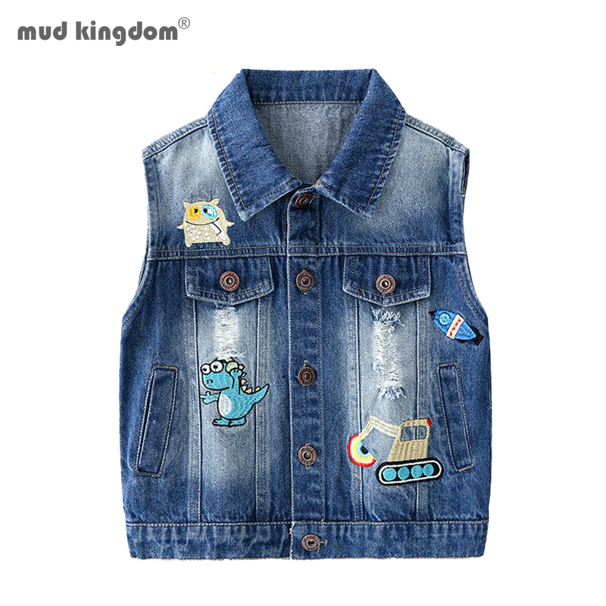 Mudkingdom Little Boys Ripped Denim Vest with Cute Embroidered Cartoon Spring and Autumn Children Cowboy Vest