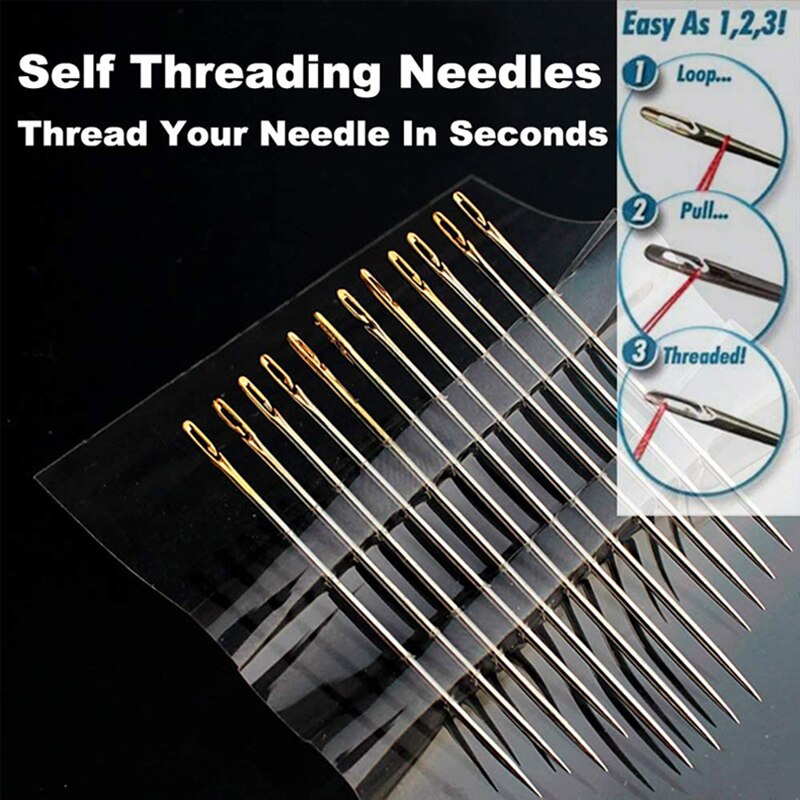 12pcs Self-Threading Sewing Needles Stainless Steel Quick Automatic Threading Needle Stitching Pins DIY Punch Needle Threader