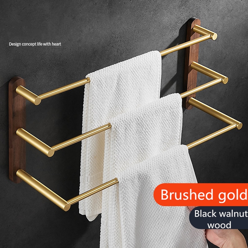 Nordic Walnut Bathroom Towel Rack Solid Wood Shower Shelf Brushed Gold Towel Bar 38/48/58cm Bathroom Triple Towel Holder