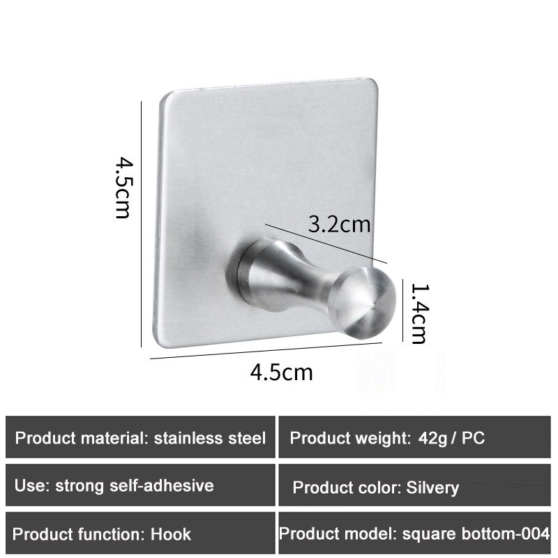 1PC SUS304 Robe Hooks Strong Self Adhesive Bathroom Stainless Steel Hook Wall Hangers Coat Towel Rustproof Hooks Kitchen Hardwar: Square Silver 004
