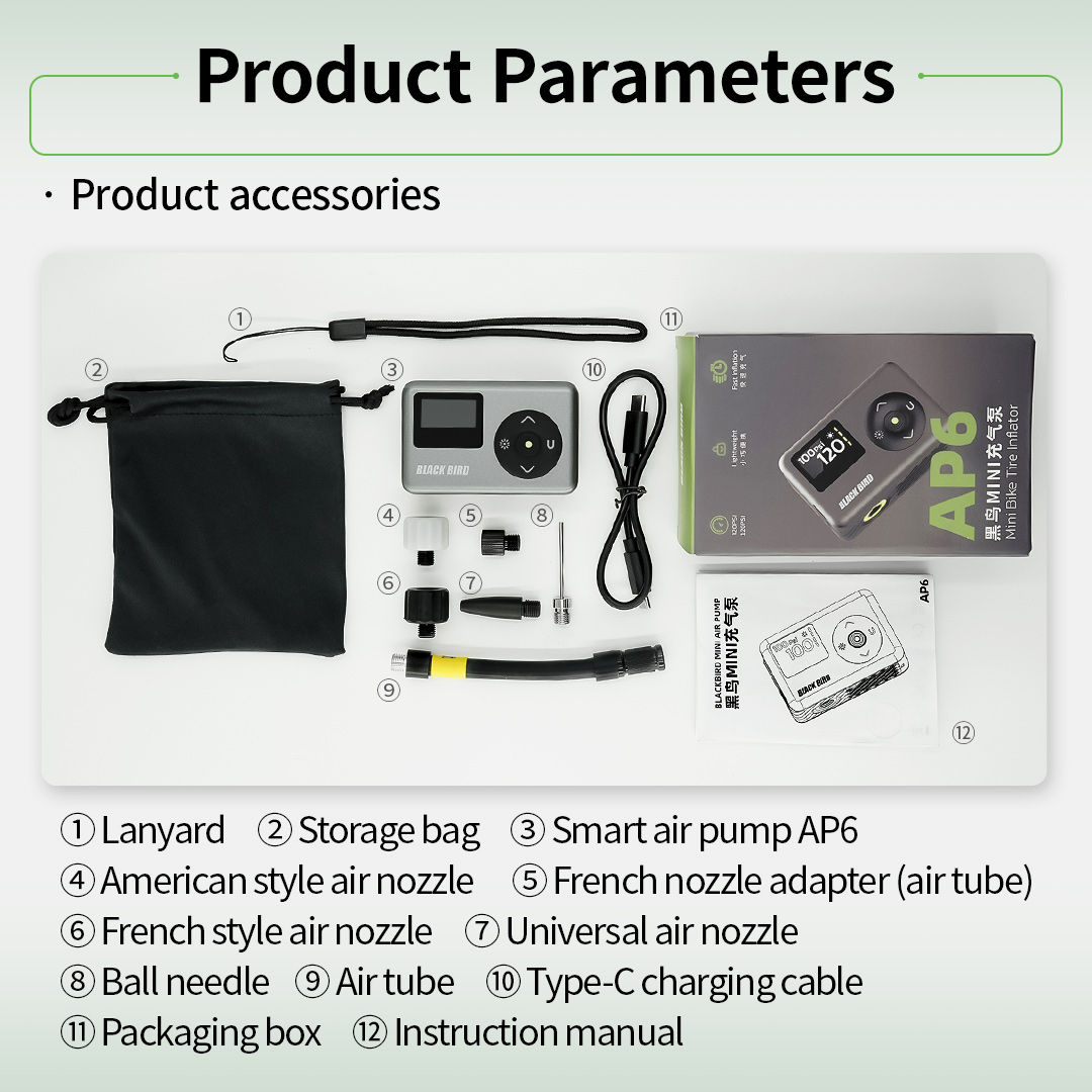 Blackbird AP6 Portable Intelligent Air Pump Bike Electric Inflator 120PSI Efficient Pump Suitable for Multiple Types of Valves ﻿