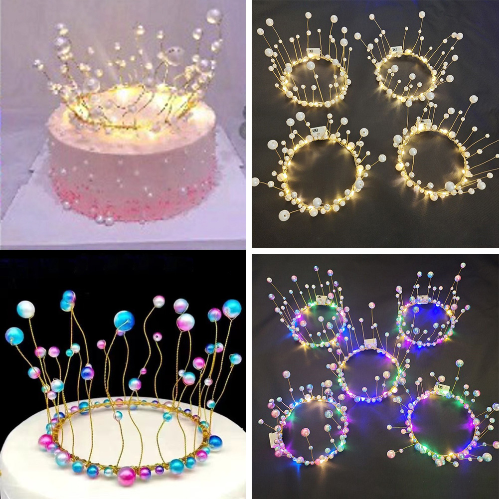 Led-lampe perlekrone kagetopper dekoration prinsesse festtop topper tillykke med fødselsdagen kagedekorationsværktøj bryllupsartikler
