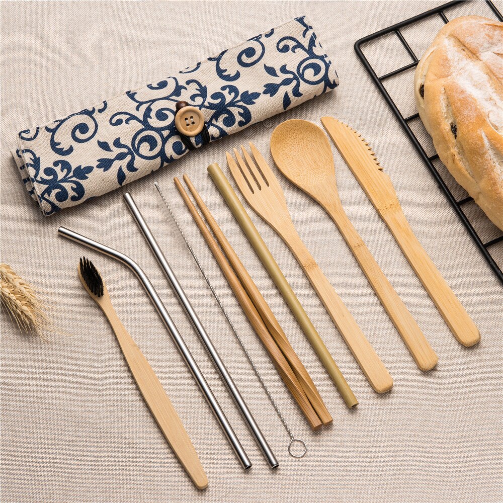 10 stuks Herbruikbare Bamboe Bestek Set Draagbare Servies Houten Bestek Vork Lepel Mes Set met Bestek Tas voor Travel Dinning set: 10pcs set001