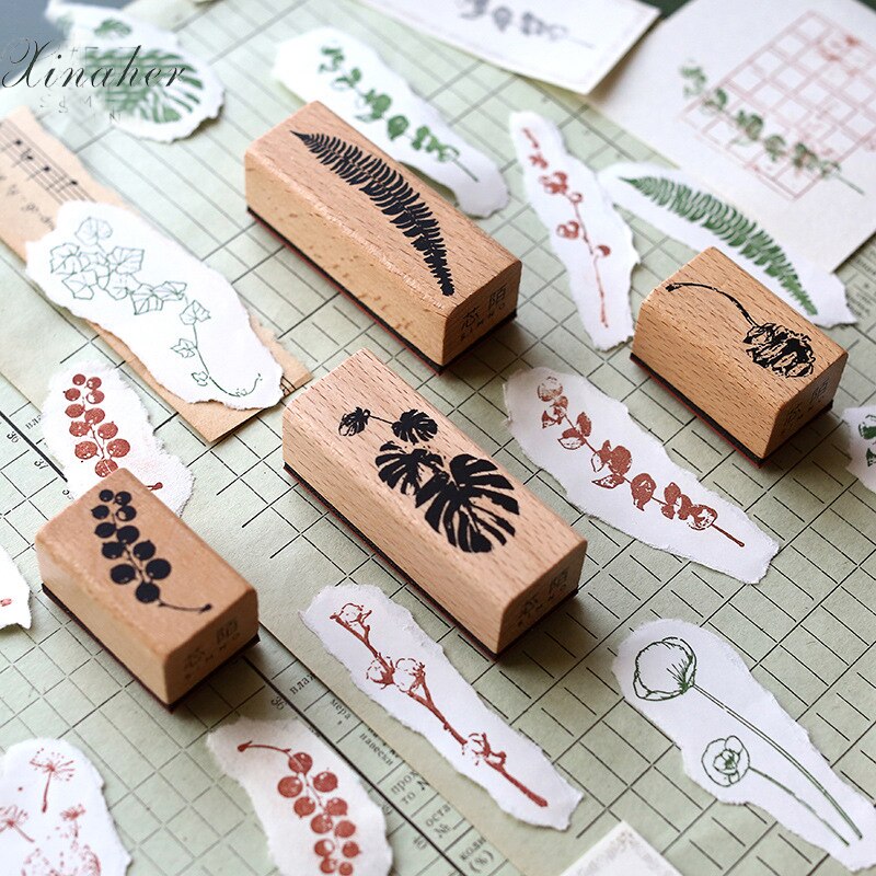 1-2 unidades por juego, sellos de goma madera con decoración de hojas Vintage para plantas, papelería de scrapbooking, sello estándar para manualidades DIY