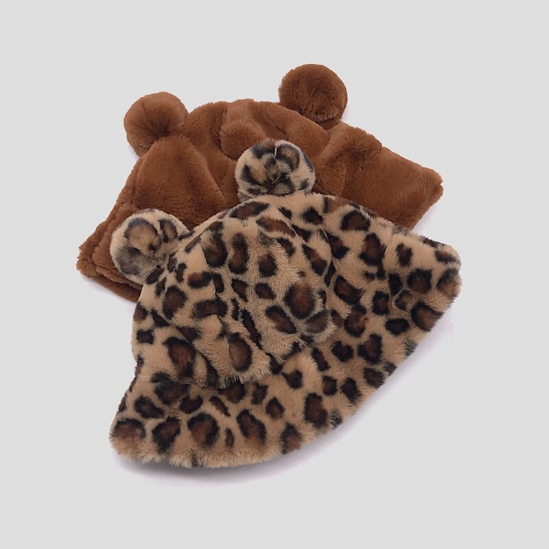 Vinter leopard bjørn øre spand hat kvinder tyk varm imiteret pels fiskekasketter bob piger plys blød panama vinter hat
