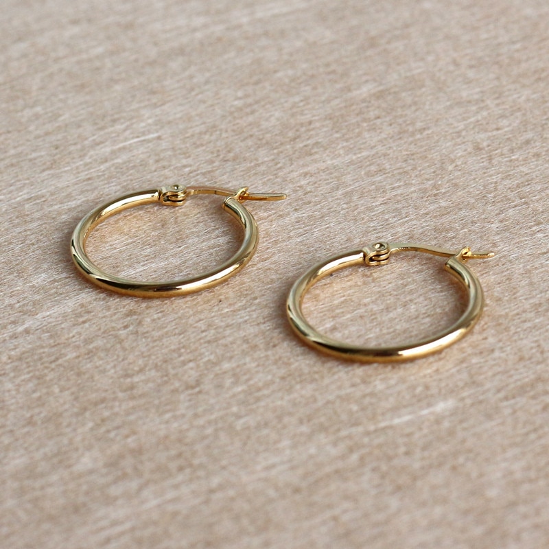 Gold-color Plated Titanium 25mm Hoop Earrings 316 L Stainless Steel No Easy Fade Allergy Free