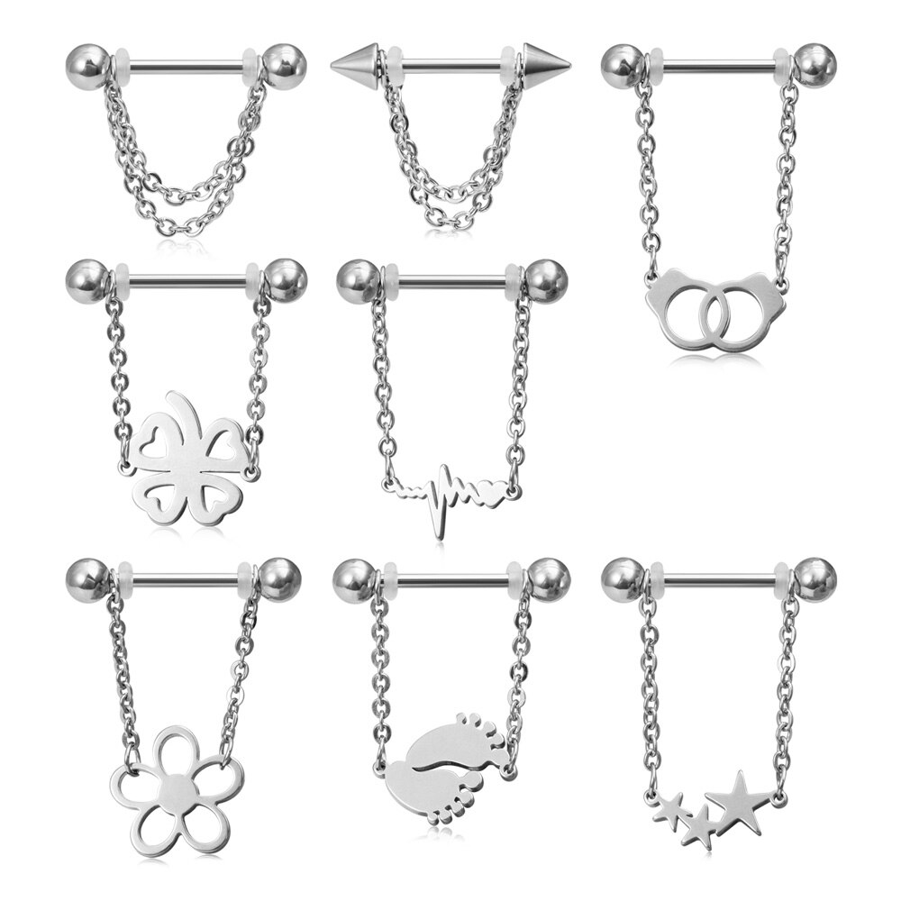 2 Stuks Gothic Sexy Piercings Tepel Ringen Barbell 316L Stalen Handboeien Ster Voeten Bloem Chain Dangle Tepel Sieraden Voor Vrouwen 14G