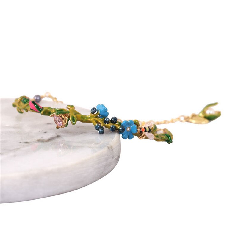 Nouvelle série Rose fleur bleue abeille fleur branche gemme Bracelet femme émail bijoux