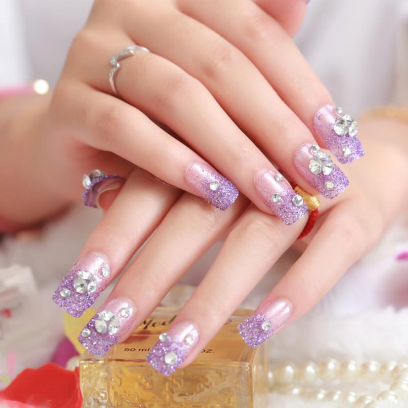 24 Pcs Paars Glitter Strass Valse Nagel Bruid Party Kunstnagels Dubbelzijdige Tape Bruiloft Accessoires Nail Art Tips