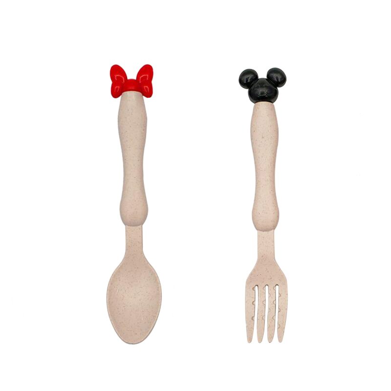 2pcs Baby Feeding Tableware Set Eco-Friendly Wheat Straw Infant Plate Children Dish Dinnerware Kids Anti Training Bowl+Spoon: Beige SpoonFork