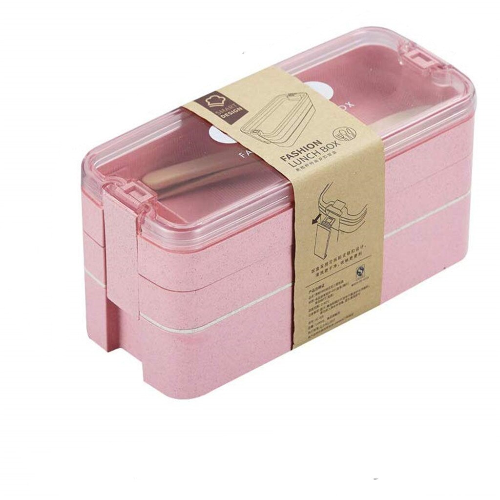 Lunchbox Tarwe Stro Bento Dozen 3 Layer Voedsel Doos Magnetron Servies Voedsel Opslag Container Lunchbox Voor Kantoor Student: Roze