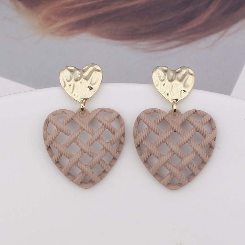 Korean Style Grid Hollow Heart Earrings for Women Print Metal Heart Wedding Party Jewelry Girl Boucles d'oreilles