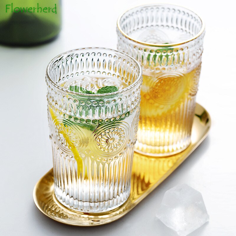 Large Outline In Gold Glass Cup Household Glass Tea Cup Nordic Transparent Relief Juice Glass Crystal Wine Glass Drinkware