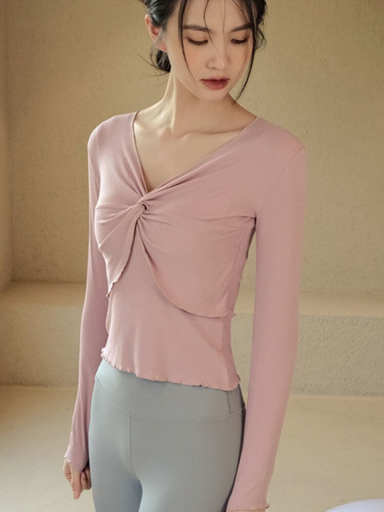 Badypczd yoga-kleidung herbst-fitness-tops für fitnessstudio und sport, tanztraining, langärmlige, figurbetonte fitness-t-shirts mit v-ausschnitt, lauf- und trainingsshirts