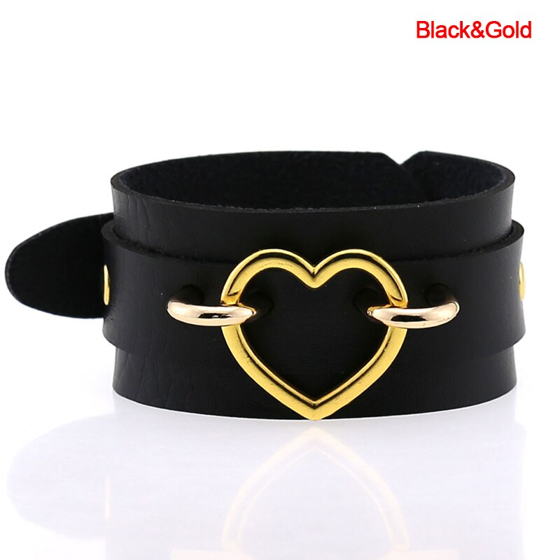Punk Heart Bracelet Black Leather Wristband Cuff Goth Armbands Bracelets Women Men Metal Jewelry: black gold