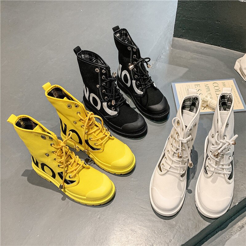 Sneakers kvinnor korta stövlar kvinnlig höst gul martin boots motorcykel dam singelstövlar högtopp canvas skor 163