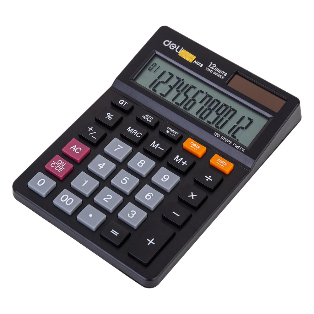 DELI EM01320 Desk Calculator Check correct function dual power extra large screen 12 digits Clear show office supply