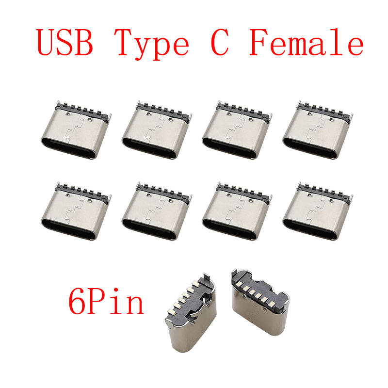 Connecteur USB Type C 2/6/16/24 broches, prise femelle, Port de chargement, SMD SMT PCB, soudure, bricolage, réparation, connecteurs de prise USB-C type-c, 10 pièces: Argent