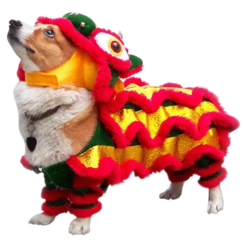 Grappige Hond Kleding Jaar Huisdier Chinese Kostuum Draak Dans Leeuw Hond Kat Jas Leeuw Dans Rode Feestelijke Geluk kleding Voor Teddy