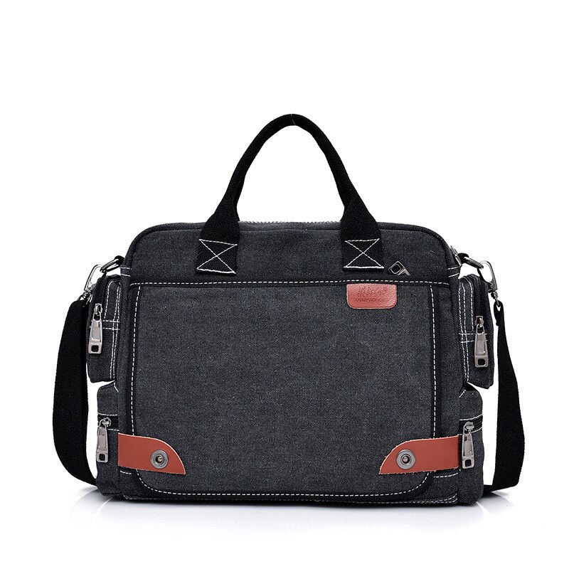 Lederen Aktetassen Mannen Laptop Aktetas mannen Canvas Messenger Schoudertas Mens Crossbody Sling Aktetas Tassen Satchel: Black