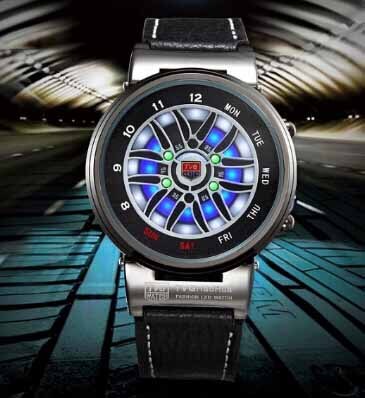 Tvg unieke auto roulette velg horloges heren blauwe led binaire horloges leren band elektronische polshorloges heren sporthorloges: Zwart