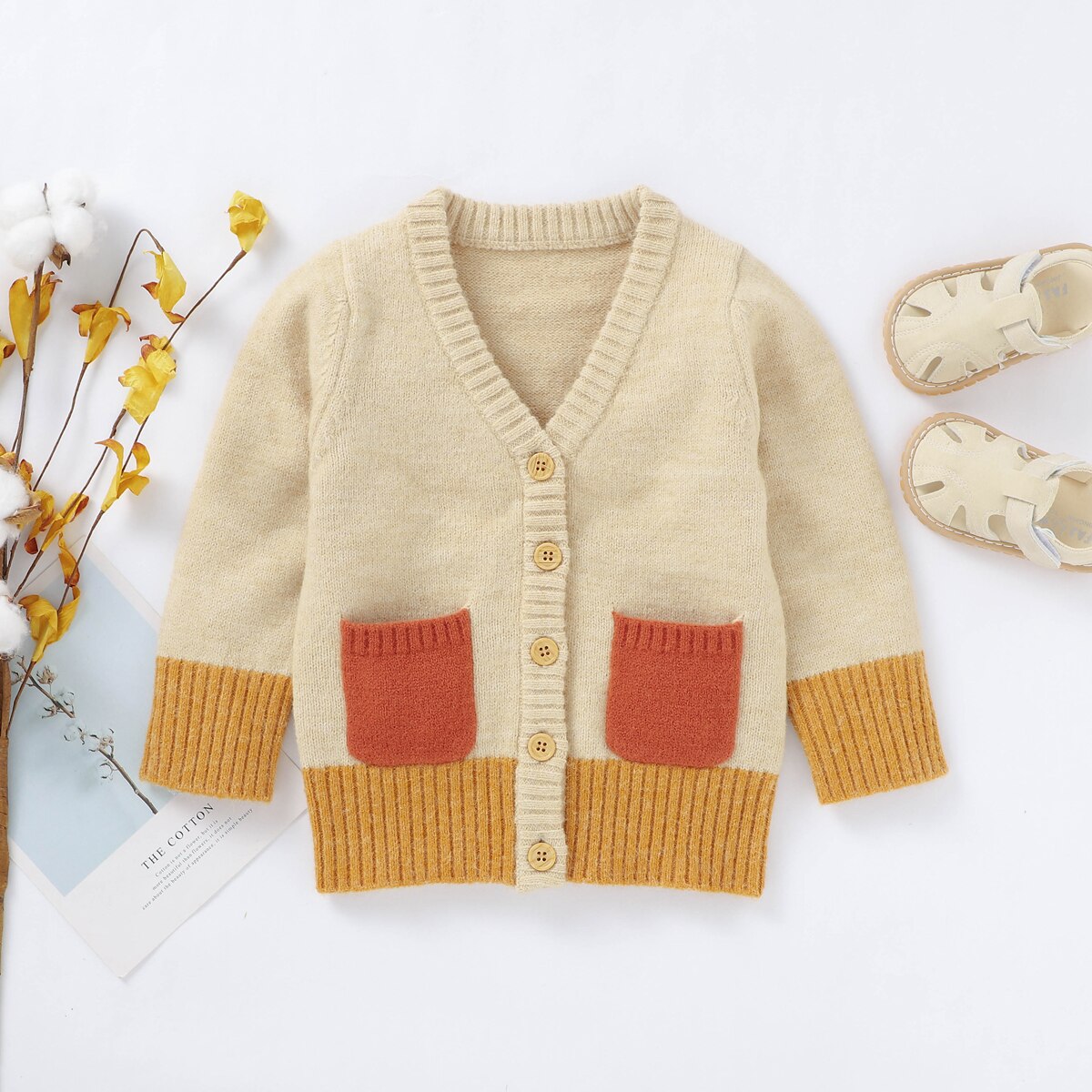 Boiiwant Newborn Baby Boy Girl Long Sleeves Cardigan Sweater Patchwork Contrast V-neck Single-breasted Knitted Jacket 0-24M