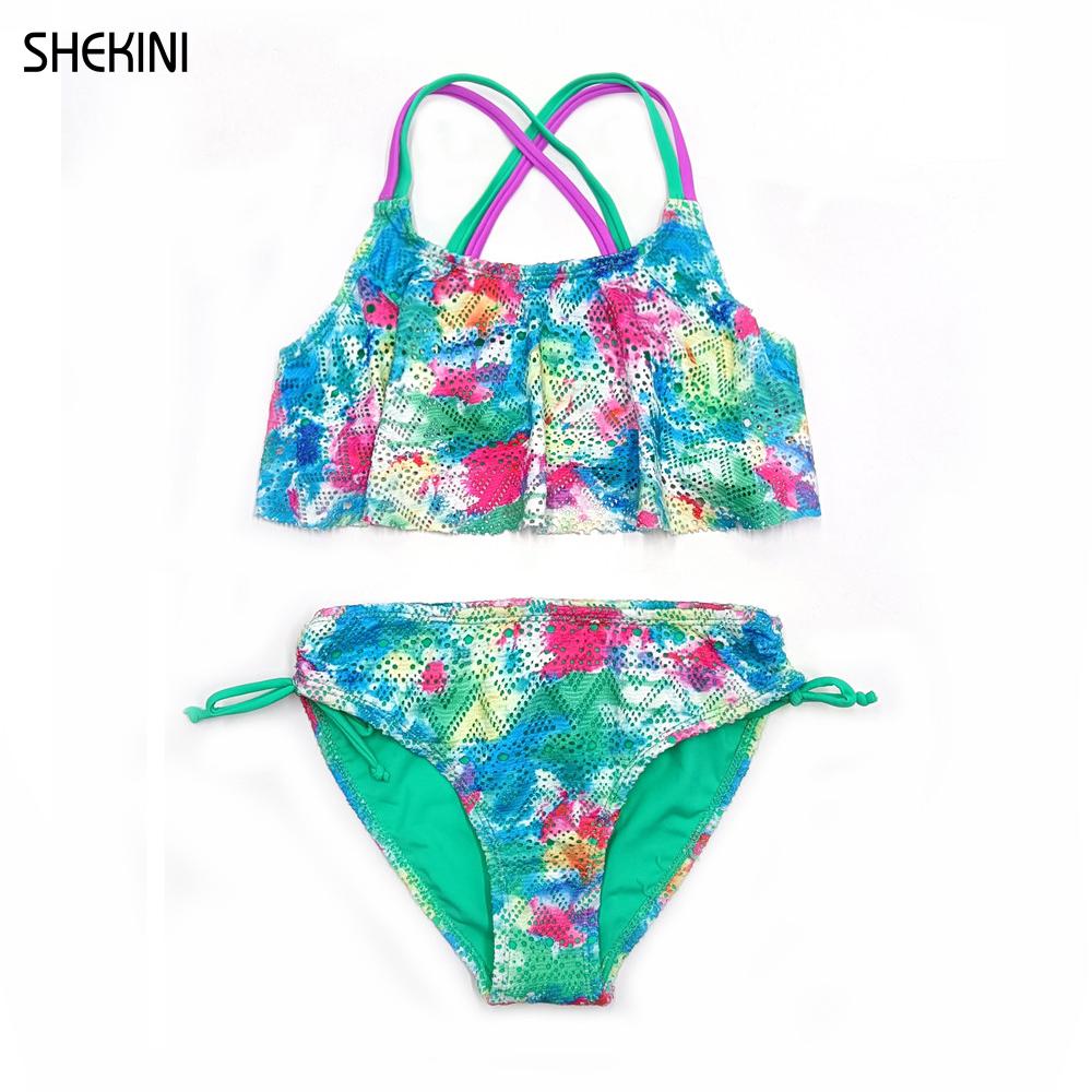 Mädchen Rüschen Volant Druck Häkeln Teenager Mädchen Bikini Krawatte Seite Boden Höhlen Zurück Kreuzmuster Zwei Stück Badeanzüge Bademode