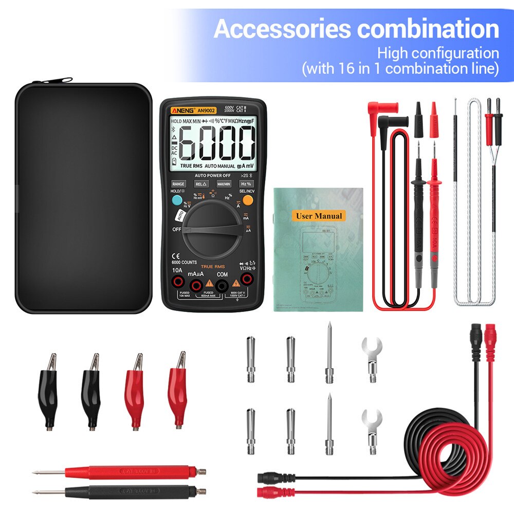 An9002 Bluetooth Digitale Multimeter Professionele 6000 Count Multimeter Ac / Dc Rms Multimeter Auto Range Stroom Spanning Tester: Black