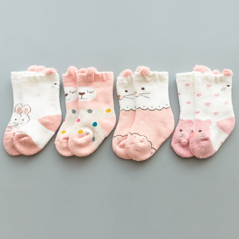 4 par/lot 0-24m baby värmestrumpor flicka pojke barn strumpa för vinter barn korta strumpor för unisex baby tecknad film