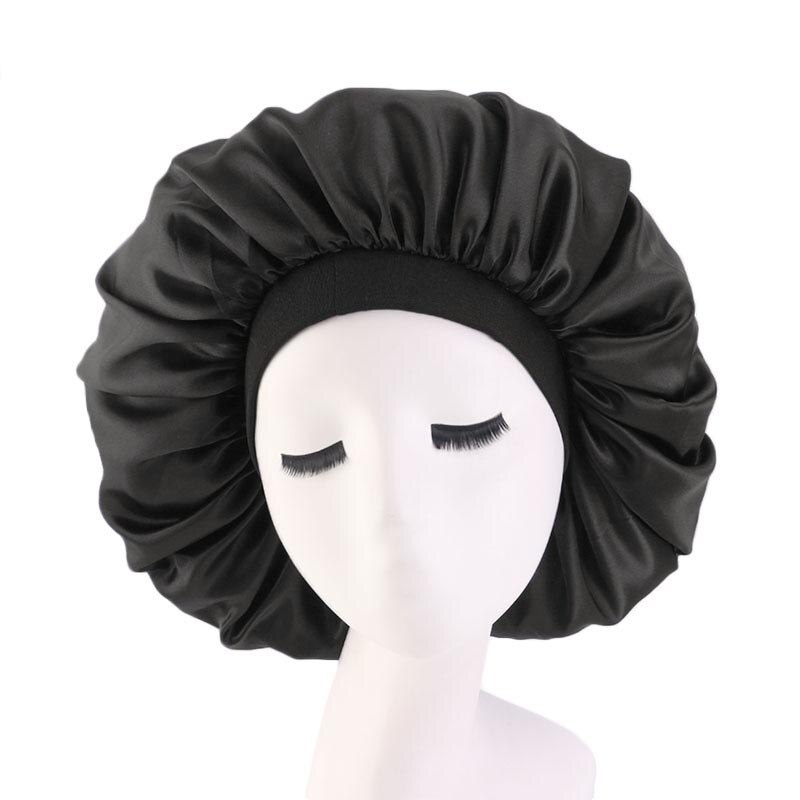 Women Satin Sleep Night Chemo Cap Solid Color Stretch Hair Care Hat Turban Bonnet Headscarf Skullies Wide Elastic Band Headwear: 02  Black