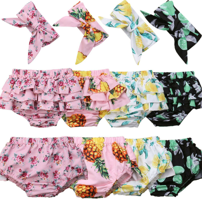 2 pièces enfant en bas âge bébé fille à volants PP pantalon Bloomers culotte couche douce couche-culotte couverture culotte florale courte slips bandeau tenue ensemble