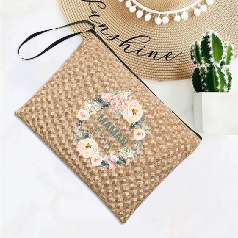 Franse Print Eenvoudige Linnen Polsbandje Clutch Bag Mom Shopping Portemonnee Strand Reizen Organizer Make Case Moederdag: Q06664-A012BR-S