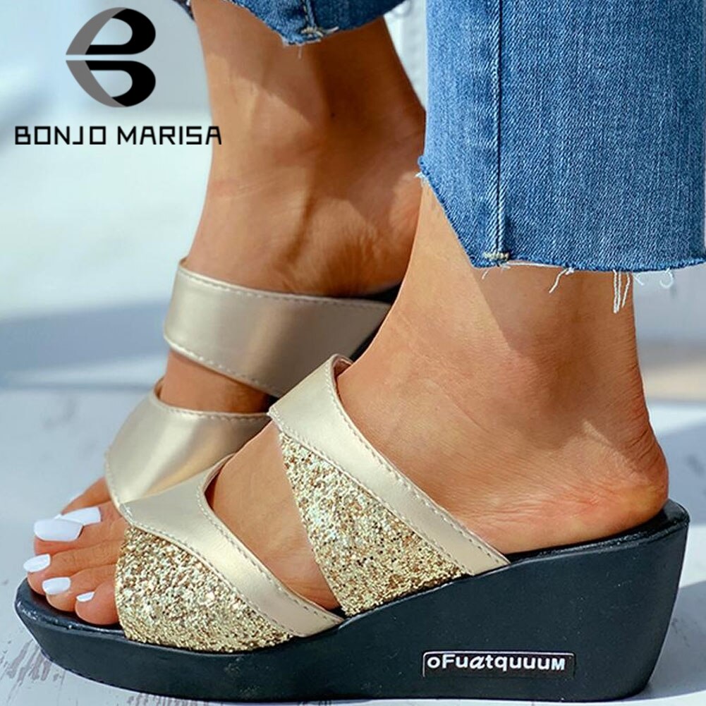 BONJOMARISA dames Patchwork paillettes confortables Med babouches femmes slip-on été chaussures de plage femme