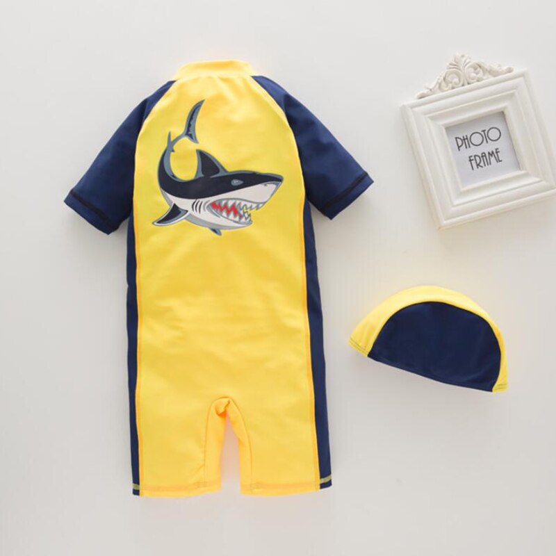 Roupa de banho de manga curta para meninos, roupa de banho casual infantil com design de tubarão, 2 a 7 anos