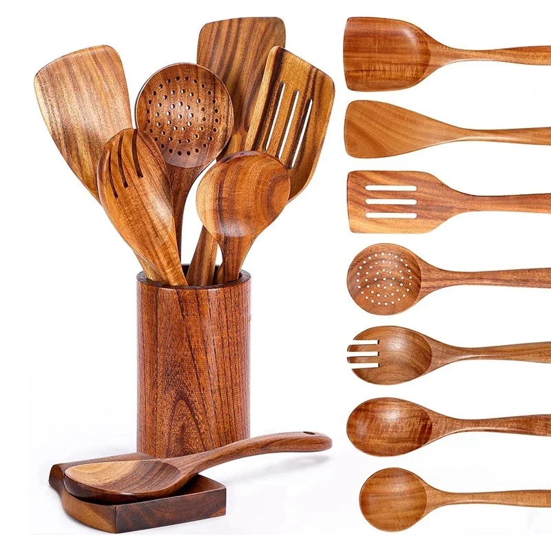 Naturlig teak køkkenske køkkenspatel træ non-stick køkkenredskaber sæt med ophængningskroge køkkengrej værktøjssæt