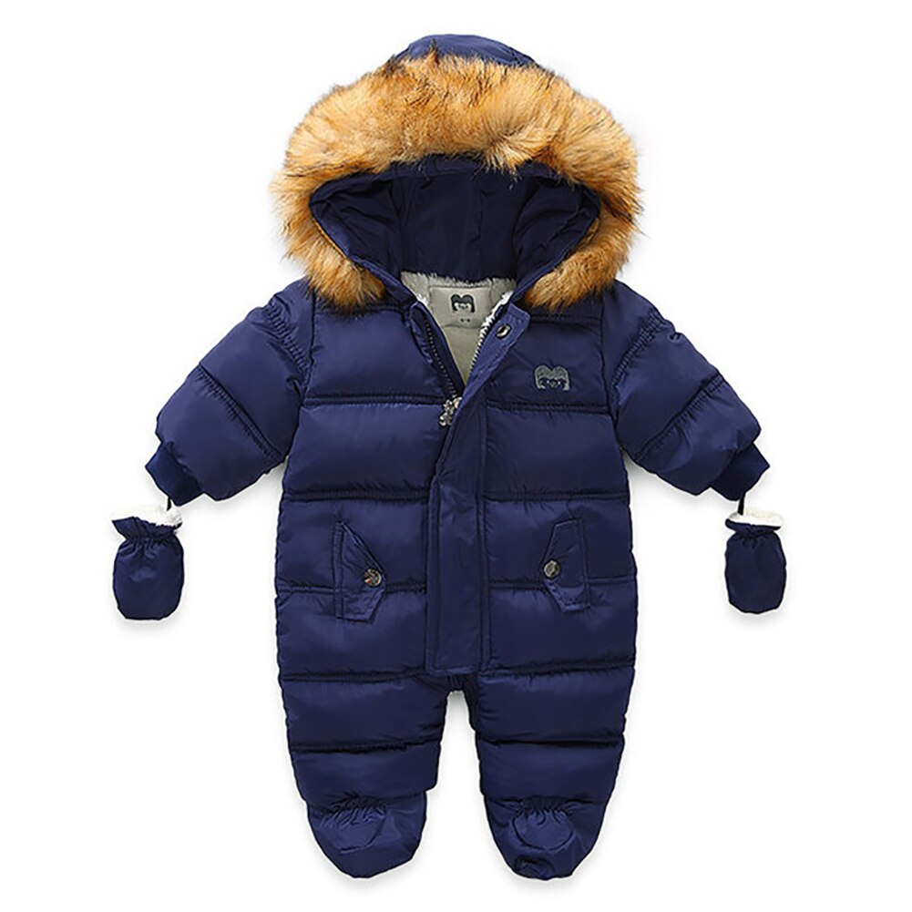 Winter Warm Baby Meisjes Jongens Rits Down Sneeuw Wear Jumpsuit Met Handschoenen Mode Peuter Lange Mouw Hooded Thicken Romper Outfit: Blauw / 24M