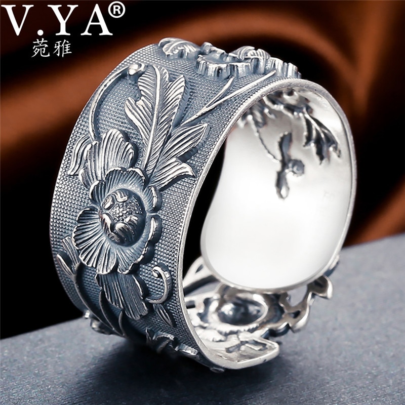 V.ya retro pioenroos bloem 990 sterling zilveren ringen voor vrouwen verstelbare thaise zilveren ring vintage sieraden