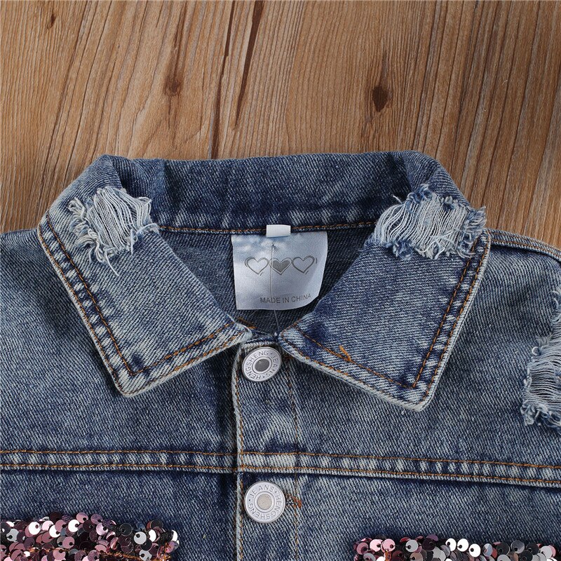 Spring Autumn Infant Kids Baby Girls Coat Sequin Leopard Ripped Hole Patchwork Jackets Tops Clothes 1-6Y