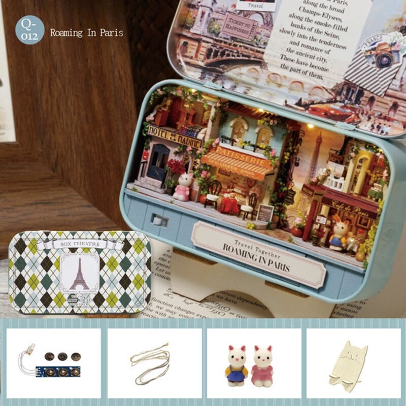 Box teater dukkehus miniature legetøj med møbler kanin diy miniature dukkehus førte lys legetøj til børn fødselsdag  q10