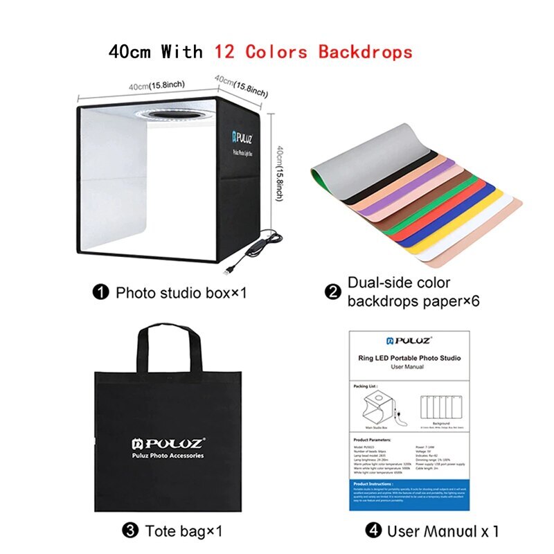 Puluz Mini Fotostudio Doos Draagbare Foto Lightbox Ring Led Fotografie Schieten Tent Box Kit Met 6 Achtergronden Studio Softbox