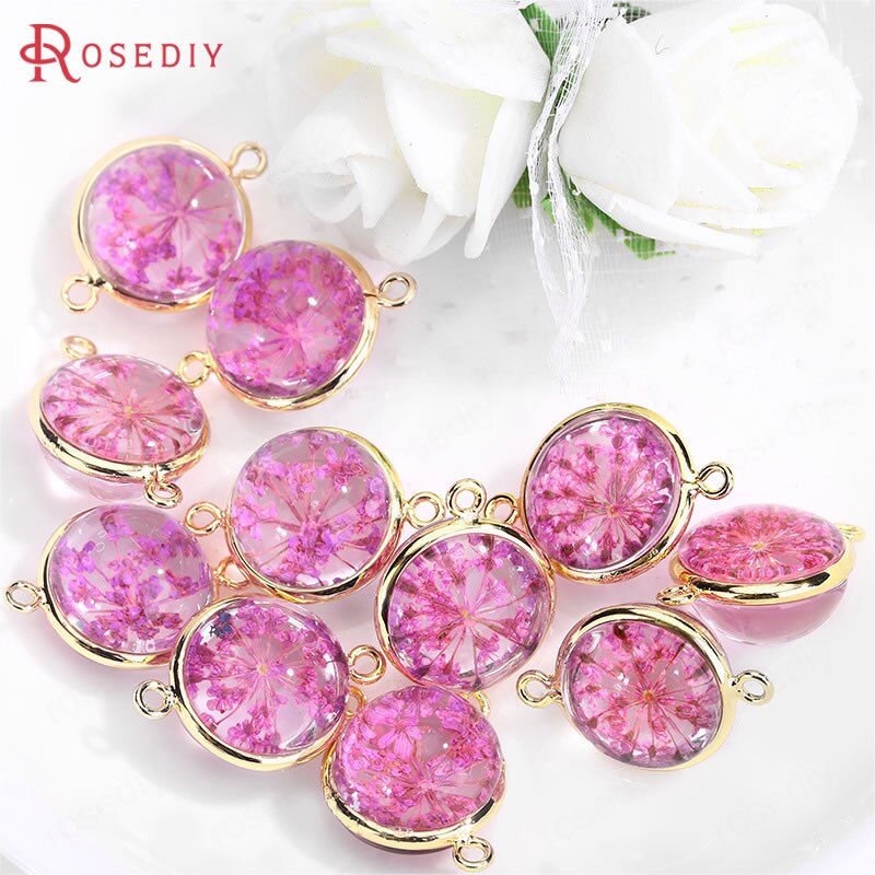 (C828)6 pieces 14x20mm 24K Gold Color Brass and Glass 2 Holes + Dried Flower Round Connect Charms Pendants Diy Jewelry Findings